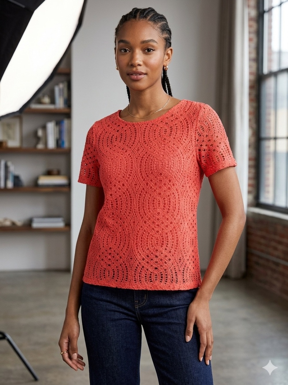 J. Crew Coral Red Crochet Short-Sleeve Top